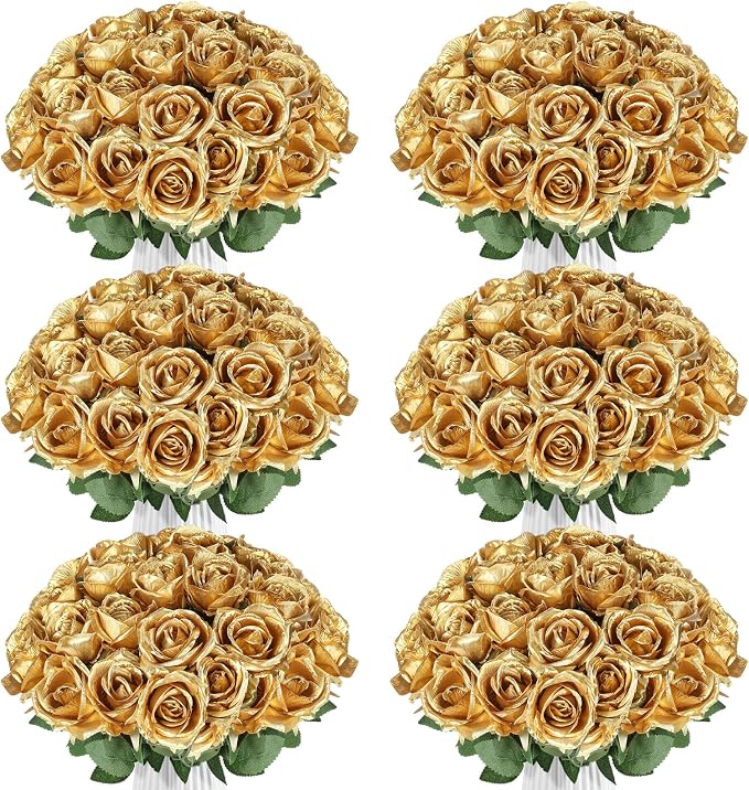 90pcs Silk Roses Artificial Flowers Gold Fake Rose with Long Stem for Arrangement Wedding Party Home Decoration