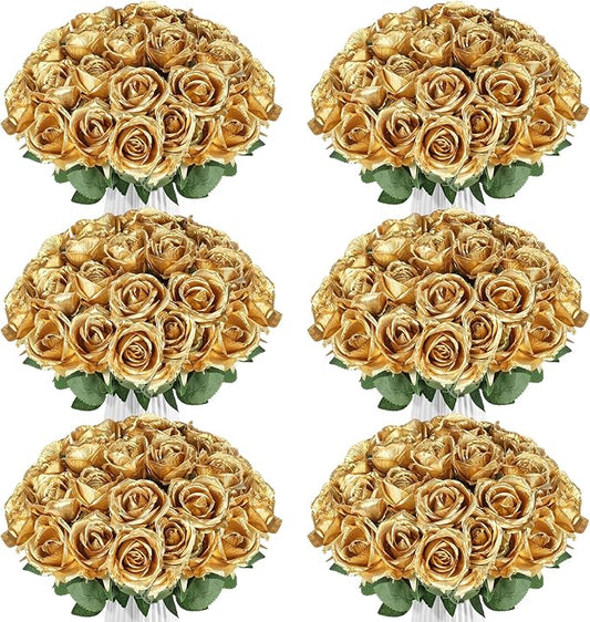 90pcs Silk Roses Artificial Flowers Gold Fake Rose with Long Stem for Arrangement Wedding Party Home Decoration