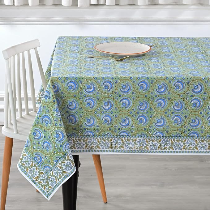 Ridhi Verdant Mist Hand Block Print Cotton Rectangle Tablecloth 108" x 60" inches Reusable Table Cover Decorative Everyday Use for Dining Room, Farmhouse, Home Gift for Spring, Mother's Day