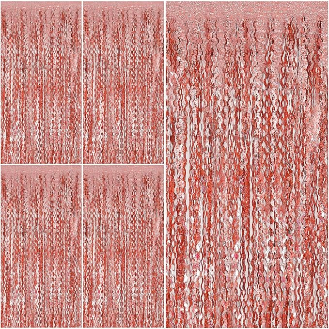 Rose Gold Tinsel Foil Fringe Curtains Wavy Backdrop for Parties Sparkle Metallic Wavy Foil Fringe Backdrop Curtain Photo Booth Props Birthday Graduation Wedding Bachelorette Party Decorations