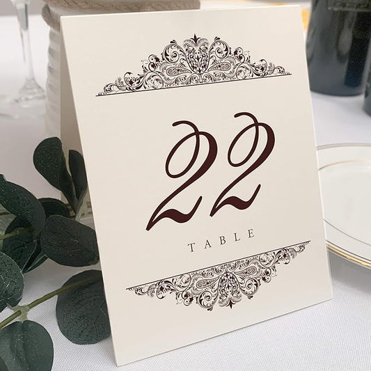 Paisley Wedding Table Numbers (Select Color/Quantity), Champagne, Chocolate, 1-10, Double Sided, Tent or Use in a Stand, Great for Parties & Restaurants - Made in the USA