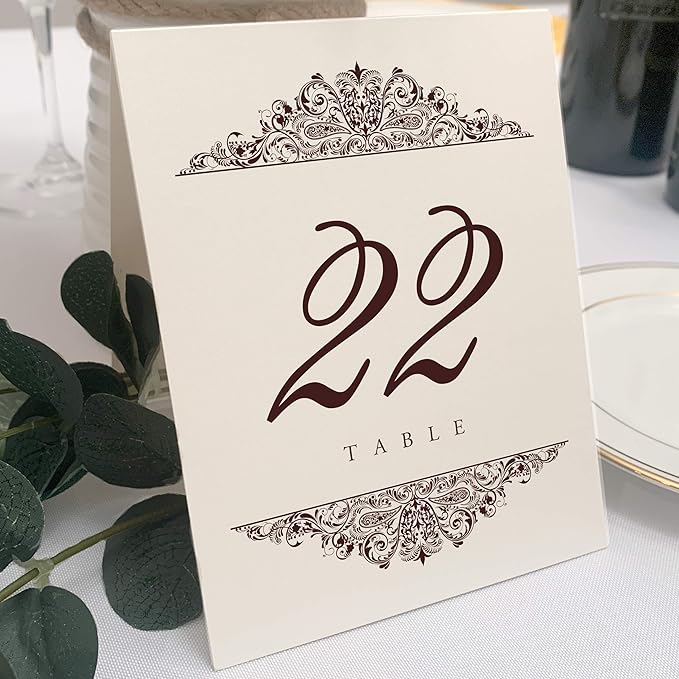 Paisley Wedding Table Numbers (Select Color/Quantity), Champagne, Chocolate, 1-65, Double Sided, Tent or Use in a Stand, Great for Parties & Restaurants - Made in the USA