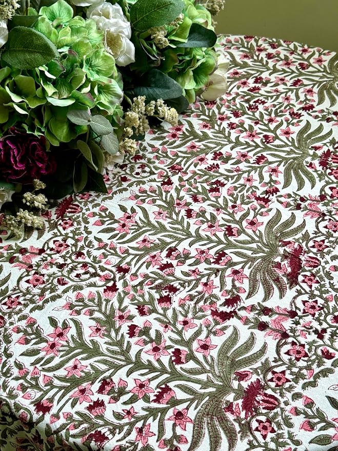 ATOSII Nargis Pink 100% Cotton Round Block Print Summer Tablecloth, Floral Table Cloth Linen for Dining Parties Weddings Outdoors Holidays I 72" Inches Round, 4 Seater