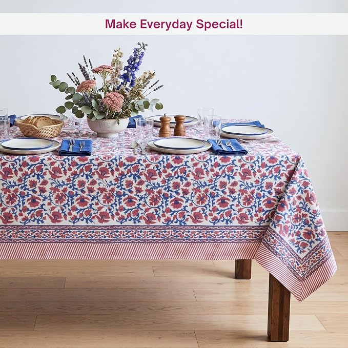 ATOSII Nora 100% Cotton Rectangle Spring Summer Tablecloth, Handblock Floral Print Linen Table Cloth for Kitchen Dining I Parties, Weddings, Outdoors, Easter Decor 60 X 108 Inches, 8 Seater