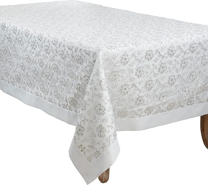 SARO LIFESTYLE Floral Embroidered Tablecloth, White, 65"x104"