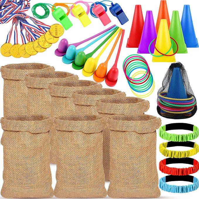 51 Pcs Carnival Outdoor Games Set Potato Sack Race Bags 3 Legged Race Bands Egg and Spoon Game Colorful Rings Cone Throwing Game with Prizes and Whistles for Family Yard Lawn Birthday Party Games