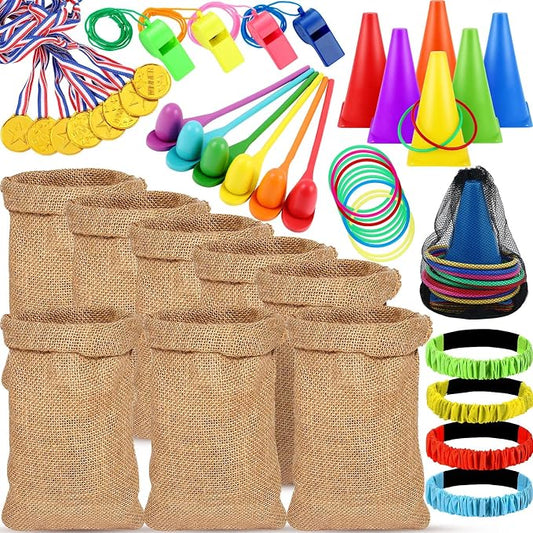 51 Pcs Carnival Outdoor Games Set Potato Sack Race Bags 3 Legged Race Bands Egg and Spoon Game Colorful Rings Cone Throwing Game with Prizes and Whistles for Family Yard Lawn Birthday Party Games