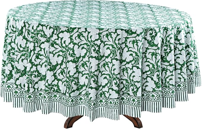 Ridhi Round Tablecloth Hand Block Print 100% Cotton Reusable Pantone Artichoke 120 Inch Table Cover Decorative Everyday Use for Dining, Home, Party, Wedding, Farmhouse Gift for Spring, Mother's Day