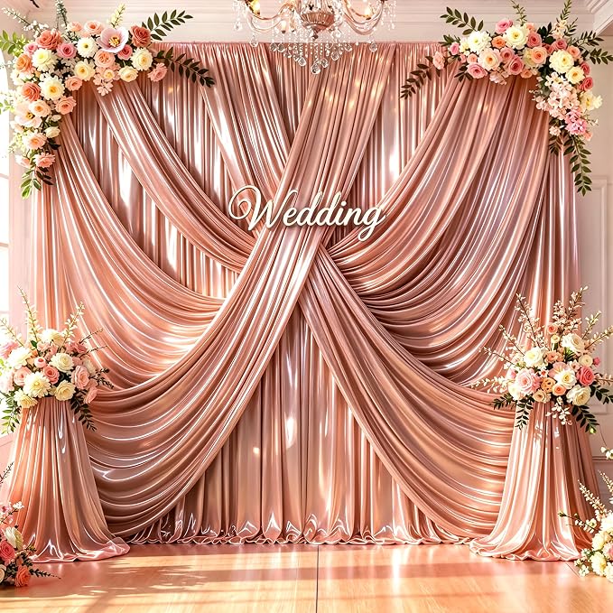 Rose Gold Glitter Backdrop Curtains - 10x12FT Satin Photo Backdrop, Wrinkle-Free Shimmer Back Drop Cloth Shiny Drapes for Photobooth Wedding Birthday Parties Photoshoot Background Decorations