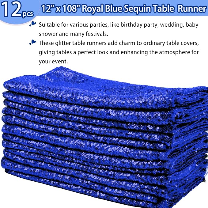 12 Packs 12 X 108 Inch Sequin Table Runner Glitter Dining Table Runner for Birthday Wedding Engagement Bridal Baby Shower Bachelorette Holiday Celebration Party Supplies Decorations (Royal Blue)