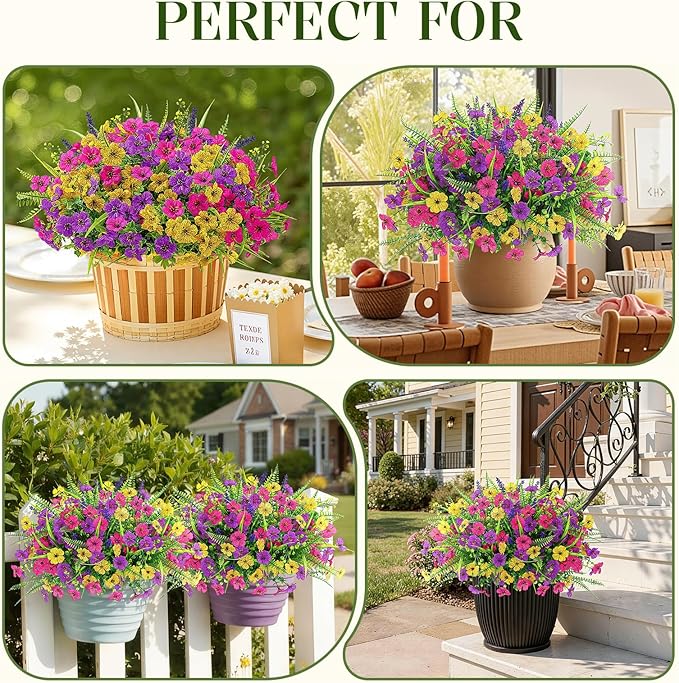 Alupssuc 24 Bundles Artificial Flowers for Outdoors Planters Spring Decoration, UV Resistant Faux Eucalyptus Violet and Lavender Silk Fake Plants for Outside Indoor Yard Home Patio Decor, Mix 3 Colors