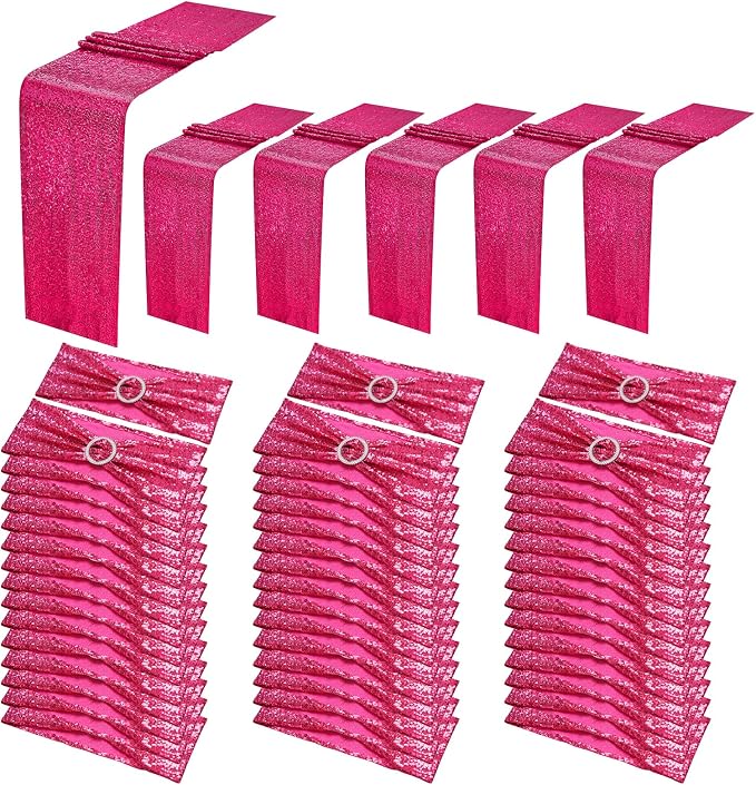 54 Pieces of Red Sequin Chair Ribbons and Table Runners, 48 Sequin Chair Bows, 6 Glitter Table Runners, Suitable for Wedding Parties Birthday Meeting Events Decorations (Rose Red)