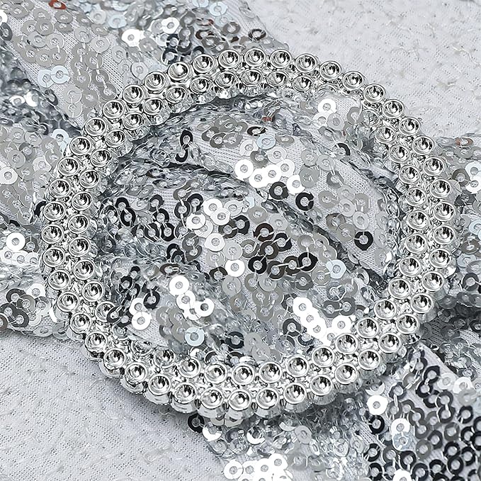 Pack of 50 Spandex Sequins Chair Sashes Silver Chair Bands with Buckles, Chairs Bows Ties for Party Wedding Fiesta Decor - Sequin Silver Chair Sash