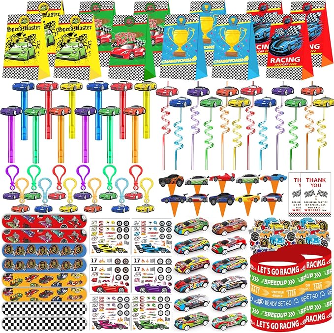 PLOUGVI 232PCS Race Car Birthday Party Favors Decorations Supplies Goodie Bag Stuffer Pinata Filler, Cars Themed Favors for Wheel Birthday Decorations