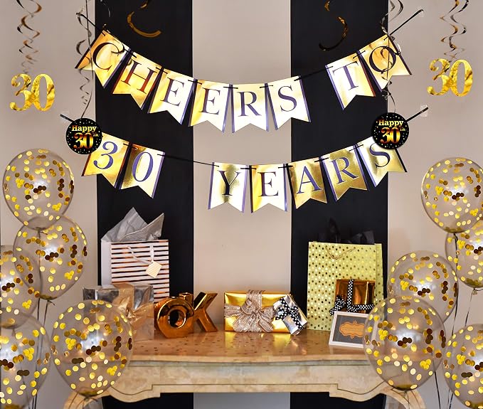 30th Birthday and Anniversary Decorations Party Pack - Pre-Strung Banner, Balloons, Swirls - 30th Birthday Decorations for Him or Her - Party Supplies and Gifts