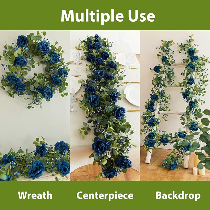 Anna's Whimsy 5.91FT Artificial Eucalyptus Garland with Flowers, Fake Rose Gypsophila Garland, Faux Floral Garlands for Wedding Spring Home Party Craft Art Table Runner Decor (Blue, 1)