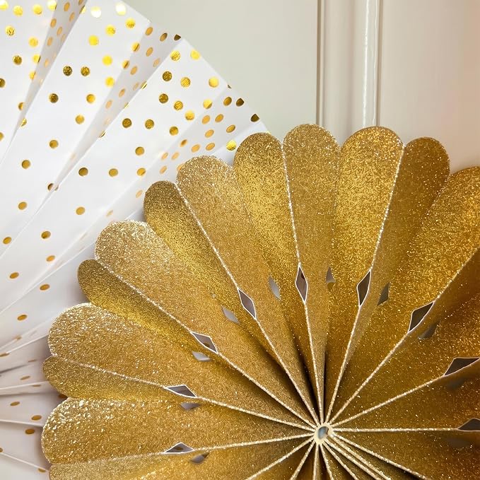 PapaKit 8-Piece Origami Paper Fan Set - Ivory & Marble & Gold Metallic - Reusable Hanging Pinwheel Wall Backdrop for Birthday, Wedding, Bridal Shower, Baby Shower, & Boho Party Decorations
