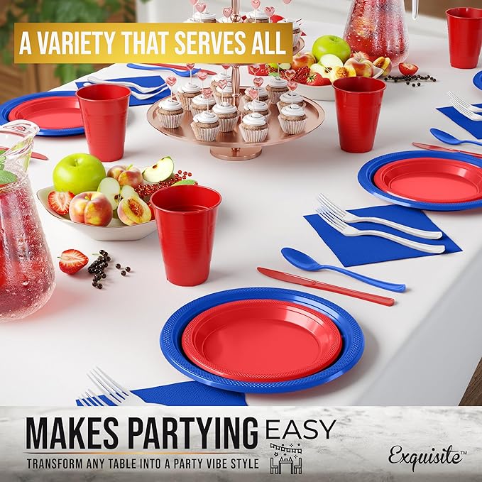 350 Pcs Patriotic Plastic Plates For Party, Patriotic Disposable Plates Set, 50 Of Each 9" Dinner Plate Set, 7" Dessert Plate, Cups, Napkins & Cutlery Plastic Dinnerware Set Exquisite