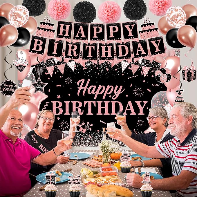 DARUNAXY Rose Gold Birthday Party Decorations Set | Happy Birthday Banner & Sash, Balloons Pom Poms Cake Topper Hanging Swirl Decor, Birthday Gifts Party Supplies for Women Girl