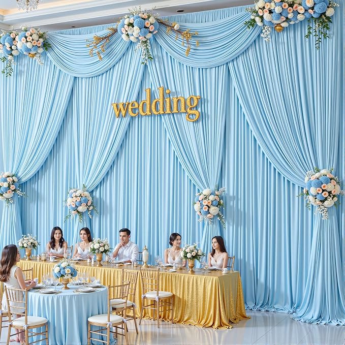 2 Panles Baby Blue Backdrop Curtains - Wrinkle Free Fabric Backdrop Curtain for Photoshoot, 10FT Wedding Party Photo Backdrop Drapes for Birthday Baby Shower Photography Stage Background Decorations