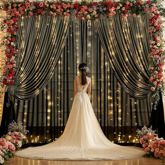 10x10ft Black Tulle Backdrop Curtain with Lights String for Wedding, Wrinkle Free Sheer Curtains with Lights for Baby Shower, Tulle Backdrops Drapes with Lights for Birthday Party (5 x 10ft,2 Panels)