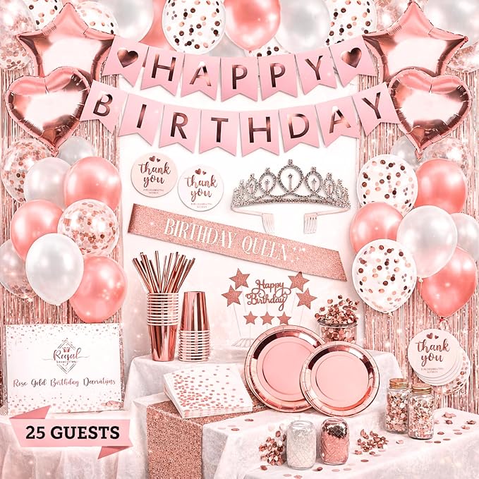 225 PC Rose Gold Birthday Party Decorations Kit for Girls, Teens, Women - Happy Birthday Banner, Curtains, Table Runner, Balloons, Sash, Tiara, Cake Topper, Plates, Cups, Napkins, Straws for 25 Guests