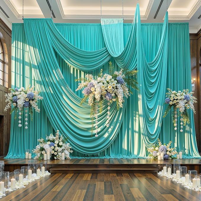 10ft×12ft Turquoise Backdrop Curtains for Wedding Parties, 2 Panels Wrinkle Free Polyester Photo Backdrop Drapes Back Drop Cloth for Birthday Photography Background