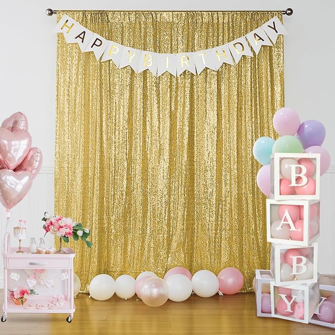 Sugargirl Gold Sequin Backdrop Curtain 4FTx8FT Glitter Gold Background Drapes Sparkle Photography Backdrop for Party Wedding Birthday Wall Decoration(2 Panels)