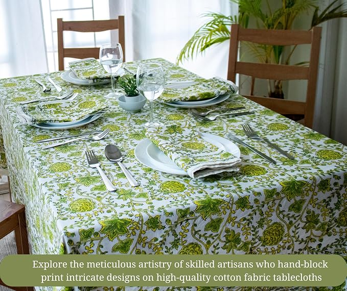Block Print Table Cloth- 60x120 Inch Rectangle 100% Cotton Handmade Pre-Shrink, Washable for Spring, Kitchen & Dining Perfect for Chirstmas, Patio, Indoor & Outdoor, Farmhouse