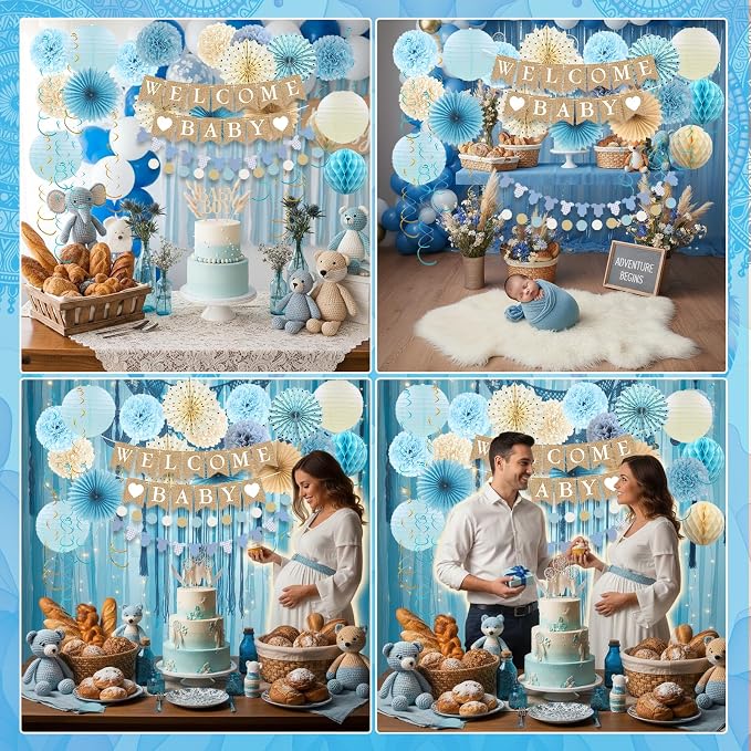Baby Shower Decorations Kit, Welcome Baby Banner with Dusty Blue Paper Lanterns, Tissue Pom Poms, Honeycomb Balls, Clothes Banner Garland for Boho Baby Boy Shower Party Decorations