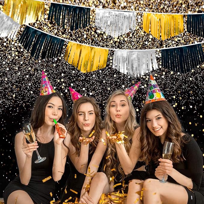Black Silver Gold Tassel Banner Double Sided Metallic Fabric Pennant Bunting Flag Garland for Graduation Birthday Anniversary Bachelorette Engagement Wedding Bridal Shower Party Decorations Supplies