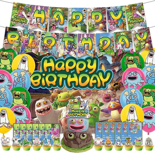 Monster Theme Birthday Party Supplies Includes Cupcake&Cake Topper-Happy Birthday Banner-Background-Balloons-Invitation Card for Kids Monster Party Decoration