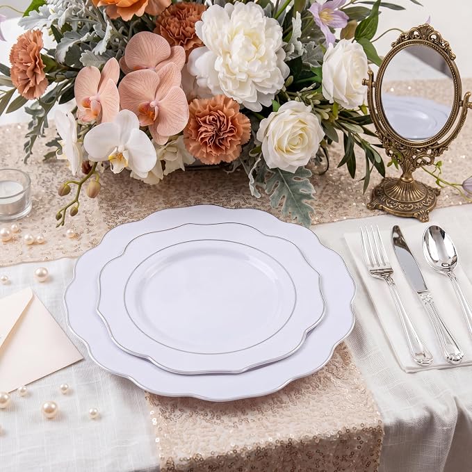 NOCCUR 175pcs Silver Plastic Plates - Silver Rim Plastic Tableware Include 25 Dinner/Dessert Plates, 25 Forks, 25 Knives, 25 Spoons for Wedding/Party