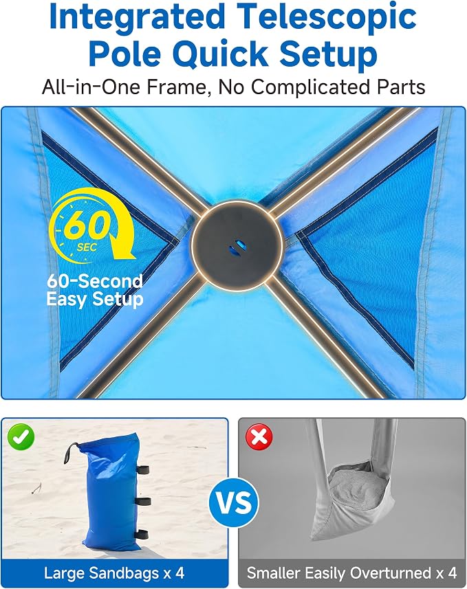 Slsy Beach Tent 10 x 10 FT, Beach Shelter with Removable Side Wall, UPF 50+ Canopy Cabana for Sun Protection, Easy Setup Shade with Sandbags, Stakes & Guy Lines, Wind Resistant, Fits 6-8 People