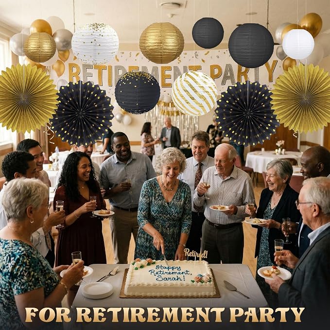 Black and Gold Party Decorations Set with Hanging Paper Lanterns Fans for Graduation Decorations 2026 50th 60th Birthday Wedding Anniversary New Year Eve Baby Shower