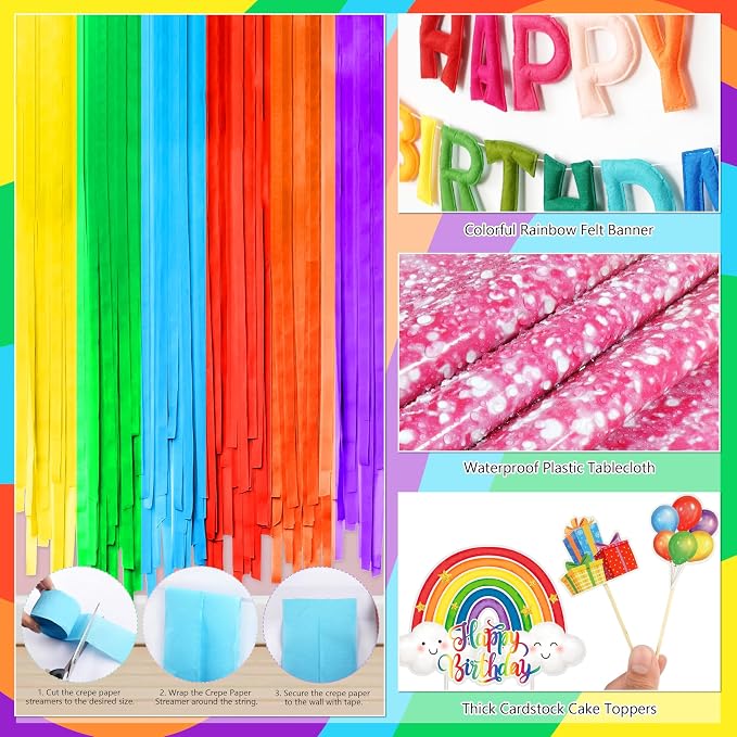 THAWAY Rainbow Birthday Party Decorations- 172 Pcs Colorful Birthday Decorations with 3D Felt Banner, Rainbow Balloon Arch Kit, Backdrop, Tablecloth and Cake Topper for Boys Girls Party Decor