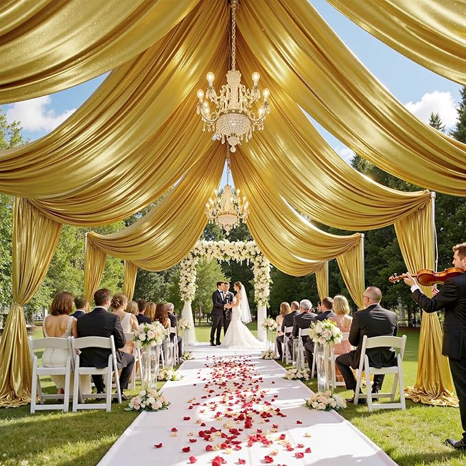 40ftx40ft Gold Ceiling Curtain for Wedding Parties – 8 Panels Wrinkle-Free 40 FT Long Tent Draping Curtains for Wedding, Birthday & Theme Parties, 40ft Height with Rod Pocket