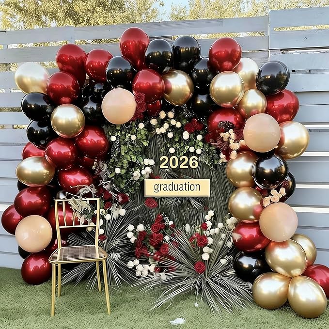 Burgundy Black Balloon Arch Kit Double Stuffed Nude Maroon Metallic Wine Red Apricot Balloon Garland with Gold Latex for Birthday Anniversary Wedding Bridal Graduation Mother's Day Party Decoration