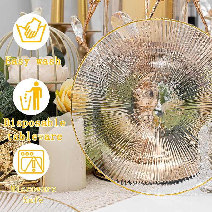 DaYammi 60Pcs Clear Plastic Plates with Gold Rimmed - Gold Disposable Plates Set Including 30pcs Dinner Plates,30pcs Dessert Plates with Radial Texture for Party & Wedding Dinner