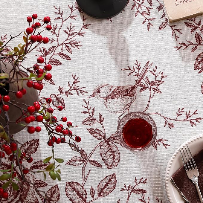 ISAENNE Designer French Linen Rectangular Tablecloth,94"x63"-Harmony | Vintage Elegant Table Cloth for Rectangle Table,Red Floral and Bird Pattern,Decor,Dining,Kitchen,Tea Party,Thanksgiving
