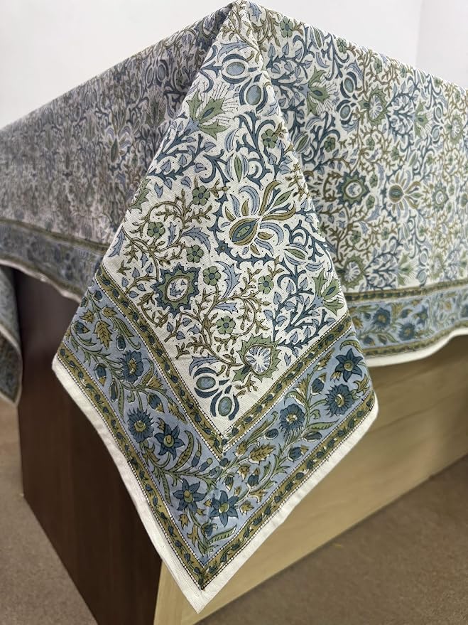 Ridhi Hand Block Print Indigo Rectangle Cotton Tablecloth 118" x 70" Reusable Table Cover Decorative Everyday Use for Dining, Farmhouse, Home Gift for Spring, Easter, Summer