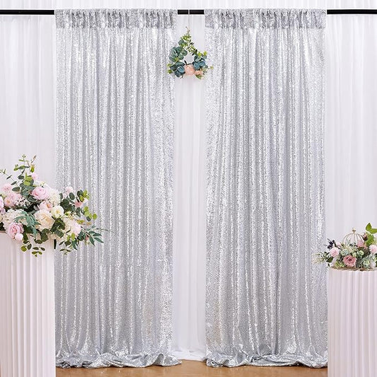 B-COOL Silver Sequin Backdrop Curtains 2 Panels 2ftx8ft Birthday Sequin Curtain for Background Silver Drapes for Birthday Party Baby Shower Photography Decorations
