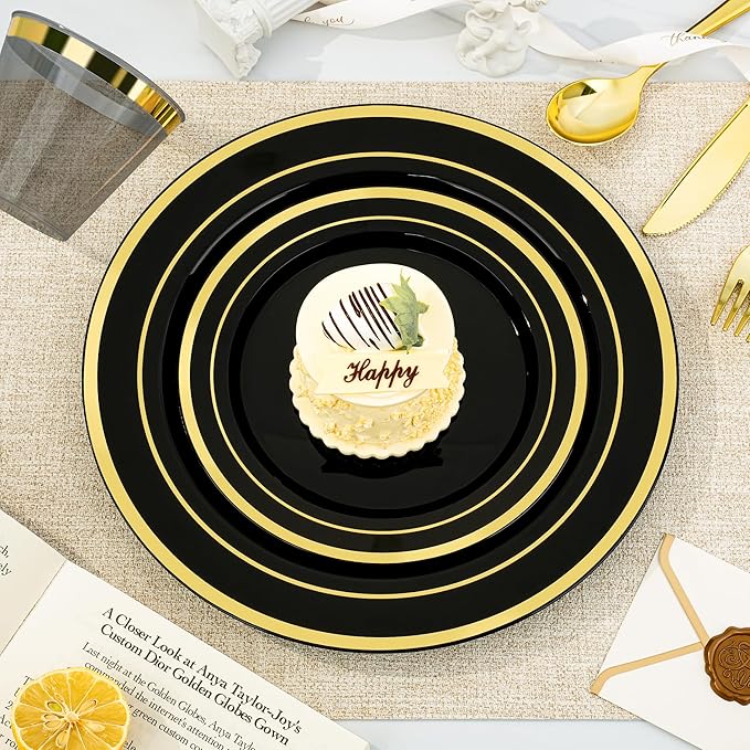 BESTVIP 700PCS Black Gold Plastic Dinnerware Set for 100 Guests, Disposable Plates for Party, Include: 200 Plastic Plates, 100 Pre Rolled Napkins with Gold Silverware, 100 Cups for Christmas