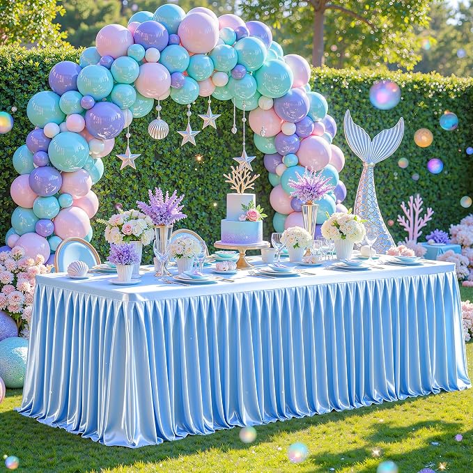 Blue Satin Tablecloths Rectangle 6FT, Glitter Spandex Fitted Stretch Table Covers Wrinkle-Free Floor Length Shimmer Table Skirt for Weddings Parties Baby Shower Banquets Vendor Events