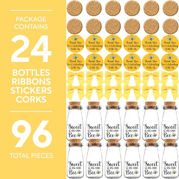 Ethisa Vintage 24 Pack Bee Party Favor Glass Bottles with Ribbons and Stickers - Classy Baby Shower and Birthday Souvenir for Guests and Table Centerpiece Decoration - Sweet as Can Bee Honey Candy Jar