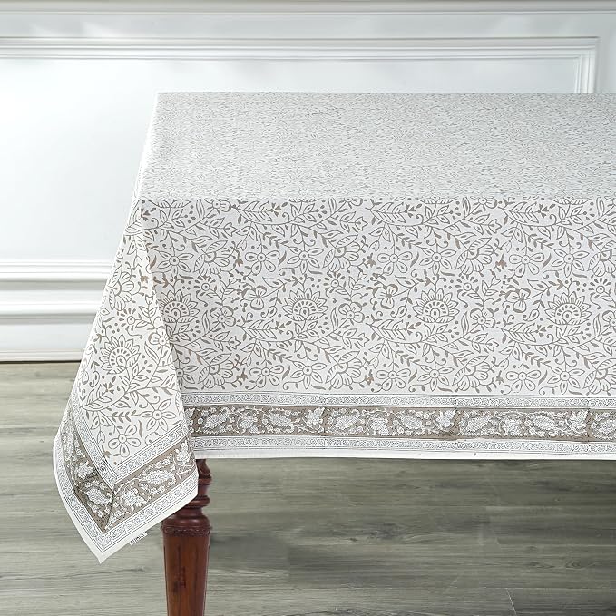 Ridhi Taupe Jal Hand Block Print Cotton Rectangle Tablecloth 90" x 60" inches Reusable Table Cover Decorative Everyday Use for Dining Room, Farmhouse, Home Gift for Spring, Mother's Day