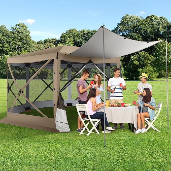 COBIZI 12x12 FT Pop Up Canopy Extendable Tent, Gazebos On Clearance with Removable Roof,Screened in Gazebo,Screen Tents Portable carpas para Patio for Outdoor Camping,Backyard, Garden,Khaki(Upgraded)