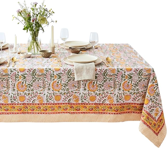 ATOSII Clover Yellow 100% Cotton Rectangle Fall Tablecloth, Handblock Floral Print Linen Table Cloth for Kitchen Dining I Parties, Outdoors, Christmas, Thanksgiving I 72 X 120 Inches I 10 Seater