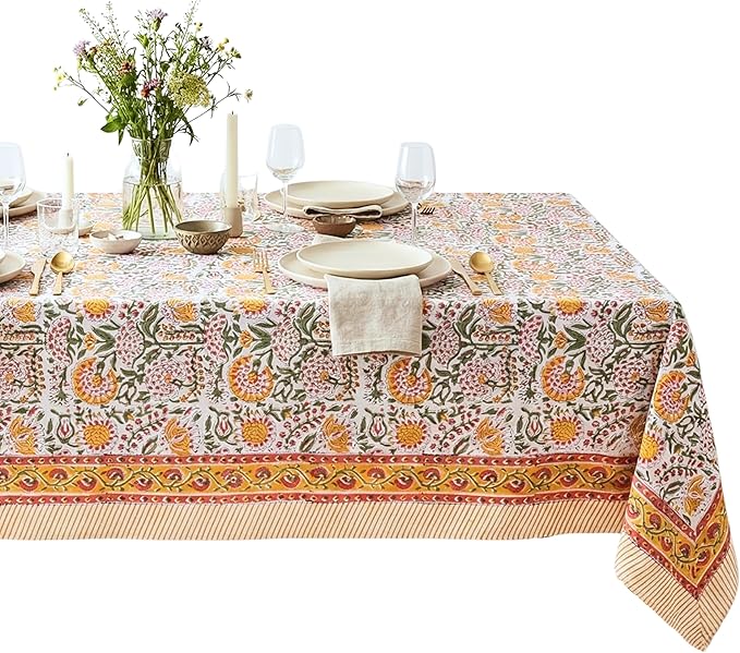 ATOSII Clover Yellow 100% Cotton Rectangle Fall Tablecloth, Handblock Floral Print Linen Table Cloth for Kitchen Dining I Parties, Outdoors, Christmas, Thanksgiving I 72 X 108 Inches I 8 Seater