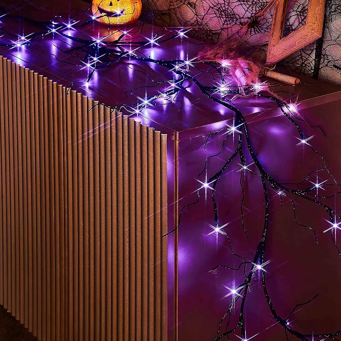 LITBLOOM Lighted Black Glittered Garland with 48 Orange and Purple Bi-Color Lights, Halloween Garland with Lights 8 Functions 6FT Battery Operated for Home Party Halloween Decoration Indoor Outdoor